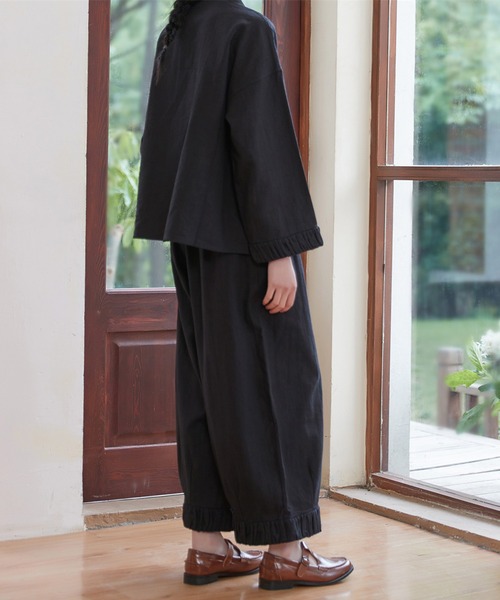 公*o様 Oz Onest中華 和風 ワイドパンツ 黒×ワインレッド 編み上げ On One's Own ワイドパンツ パンツ 裾ギャザーリネン綿ワイドパンツ