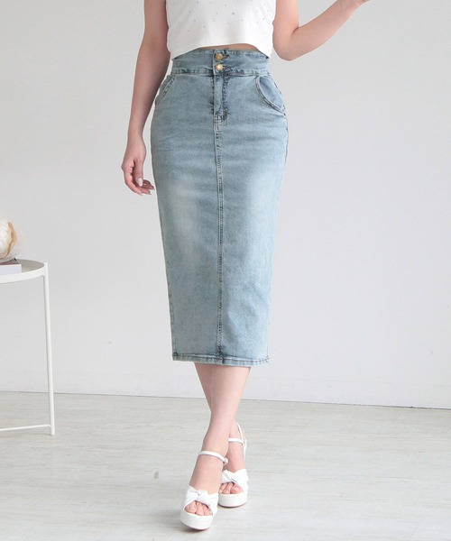 新品✨デニム ステッチタイトスカート Julia Boutique デニムスカート 2連ボタンデニムタイトスカート
