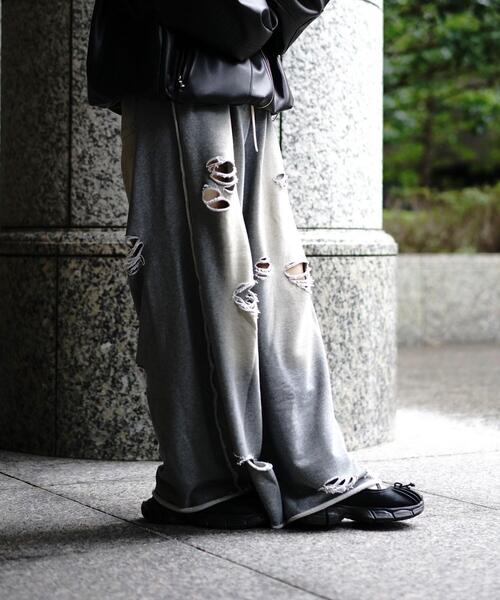 danke schon グレー　ダメージ加工　スウェットパンツ　 ワイドパンツ DANKE SCHON（ダンケシェーン） スウェットパンツ ジャージ