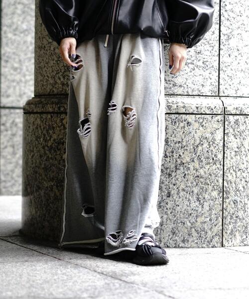danke schon グレー　ダメージ加工　スウェットパンツ　 ワイドパンツ DANKE SCHON（ダンケシェーン） スウェットパンツ ジャージ