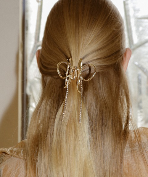 クリアゴールド リボン型ヘアクリップ GOLDY ヘアクリップ ビジュー レーン リボン バンス クリップ