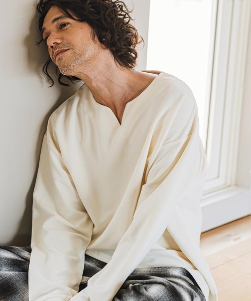 うさとの服【キーネック生成りカットソー】ussato CAMBIO tシャツ mlt4912- キーネックサイドスリットカットソー