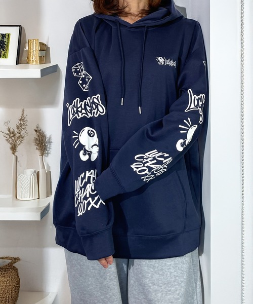 Candlestick パーカー レトロ グラフィック 袖ロゴ 厚手ロンT プル