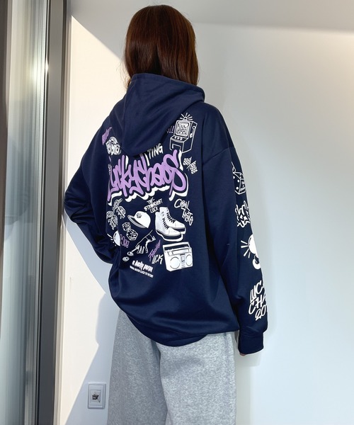 Candlestick パーカー レトロ グラフィック 袖ロゴ 厚手ロンT プル