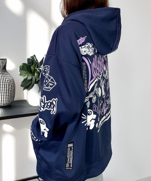 Candlestick パーカー レトロ グラフィック 袖ロゴ 厚手ロンT プル