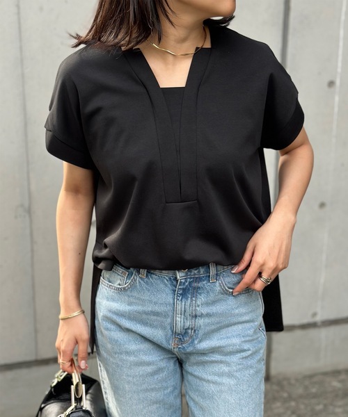 tシャツ ライトダンボールサイドスリットキーネックプルオーバー レディース