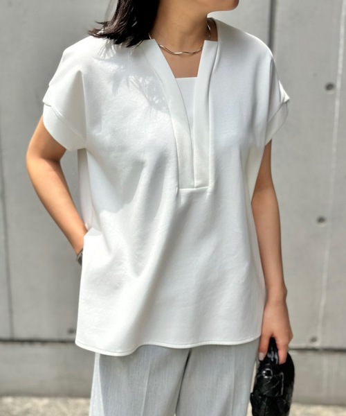 tシャツ キーネックプルオーバー レディース Emma Taylor tシャツ ライトダンボールジップキーネックドルマン