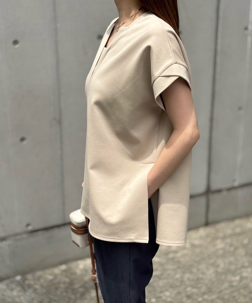 tシャツ 「LOURMARIN」布帛コンビキーネックプルオーバー レディース Emma Taylor tシャツ ライトダンボールサイドスリットキーネック