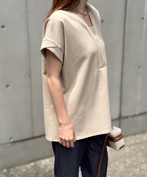 tシャツ ライトダンボール抜き衿ハーフスリーブプルオーバー レディース Emma Taylor tシャツ ライトダンボールジップキーネックドルマン