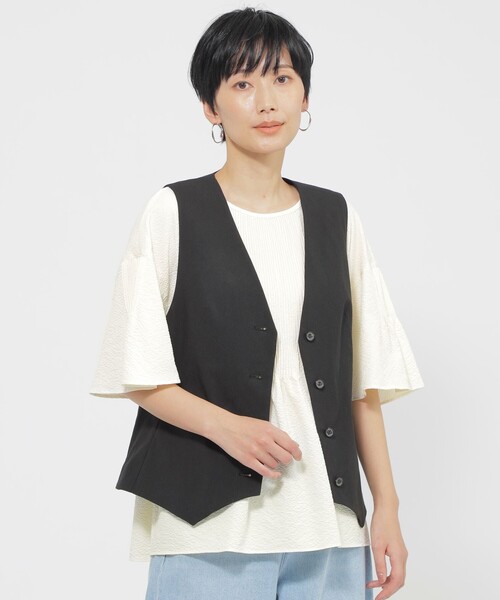 ベスト ジレ 「カタログ掲載品」「ウォッシャブル」コットン麻ブレンドストレッチジレ レディース