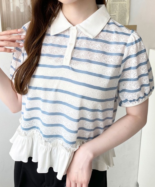moment+ tシャツ レースボーダー裾フリル半袖ポロシャツ