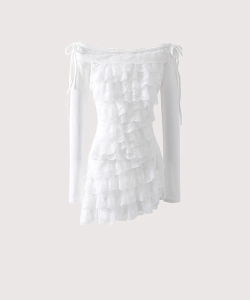 LA POMME petit ワンピース Elegant Off Shoulder Lace Ruffle