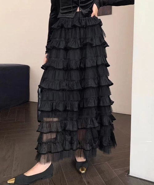 ブラックチュールフリルロングスカート ReRe スカート チュールフリルロングスカート : ZOZOTOWN Yahoo!店