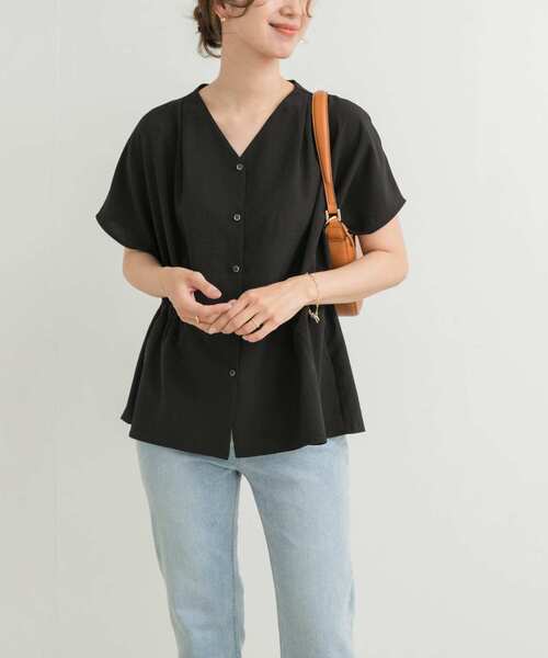 tシャツ リボンギャザーVネックトップス レディース Fit more ブラウス シャツ 「ZOZO限定カラー」Vネックパール