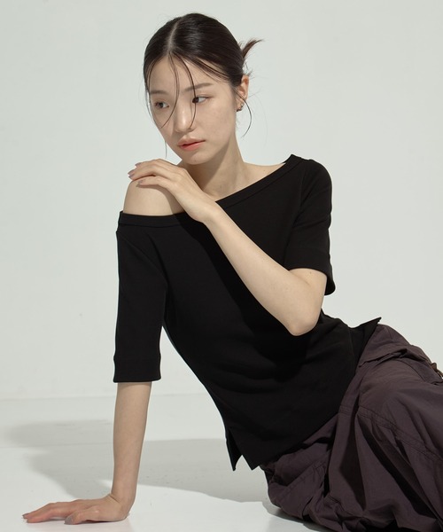 tシャツ 「STUDIOUS/ステュディオス」Luxury Smooth Boat Neck Tee/ラグジュアリースムースボートネックTシャツ レデ