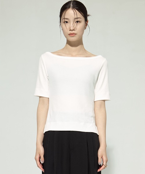 tシャツ 「STUDIOUS/ステュディオス」Luxury Smooth Boat Neck Tee/ラグジュアリースムースボートネックTシャツ レデ STUDIOUS/ステュディオス】Luxury Smooth Boat Neck Tee