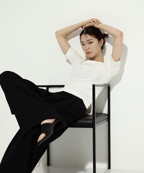 tシャツ 「STUDIOUS/ステュディオス」Luxury Smooth Boat Neck Tee/ラグジュアリースムースボートネックTシャツ レデ STUDIOUS/ステュディオス】Luxury Smooth Boat Neck Tee