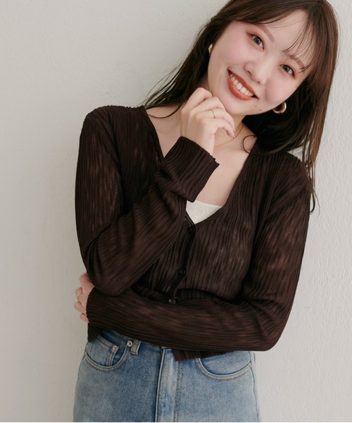 natural couture カーディガン 針抜きリブVネックシアーカーディガン