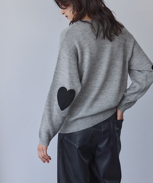 グレー ニットセーター ハートパッチ 長袖 ELFRANK ニット セーター ハートエルボーパッチ ニット プルオーバー