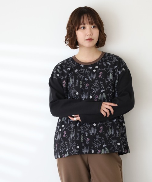 Emago（イマゴ） tシャツ 北欧バード刺繍プルオーバー 長袖 レディース 
