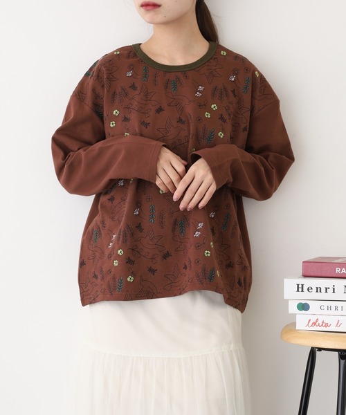 Emago（イマゴ） tシャツ 北欧バード刺繍プルオーバー 長袖 レディース 