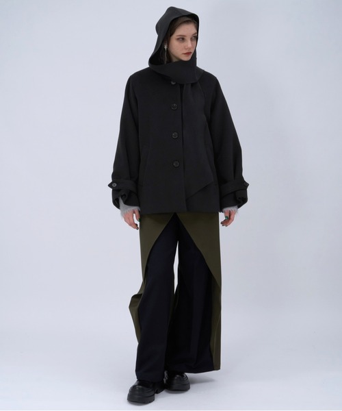 【11/15まで専用★】【美品】HARE 黒 ミディアムコート HARE（ハレ） ノーカラーコート コート フードマフラーツキミドル