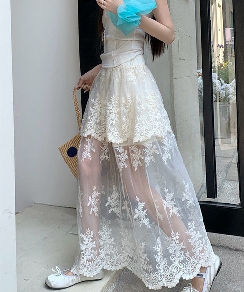 AsheKsha スカート レースハイウエストチュールロングスカート