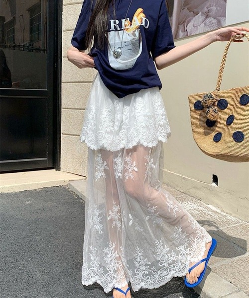 AsheKsha スカート レースハイウエストチュールロングスカート