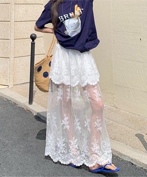AsheKsha スカート レースハイウエストチュールロングスカート