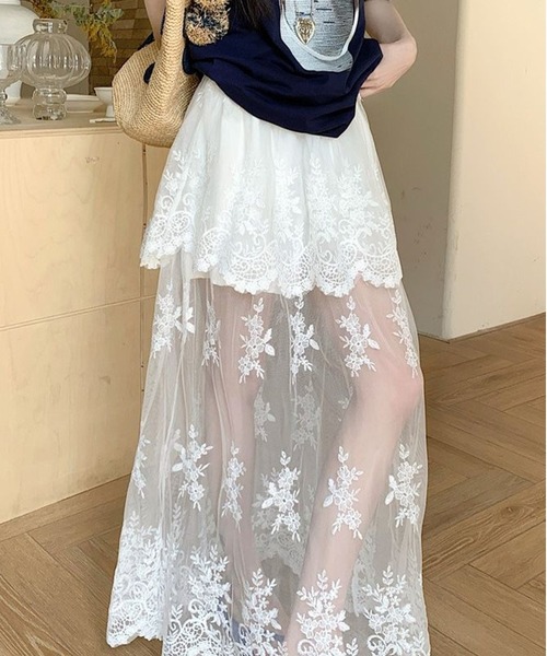 AsheKsha ロング スカート レースハイウエストチュールロングスカート