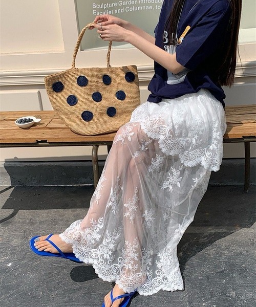 AsheKsha スカート レースハイウエストチュールロングスカート