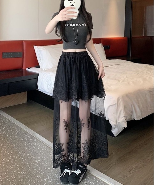 AsheKsha スカート レースハイウエストチュールロングスカート