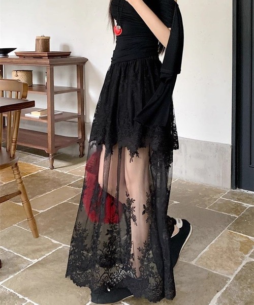 AsheKsha スカート レースハイウエストチュールロングスカート