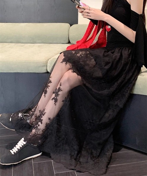 AsheKsha スカート レースハイウエストチュールロングスカート