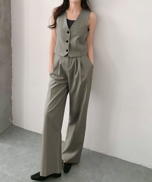 LOWO セットアップ ジレ ストレートパンツ セットアップ きれいめ