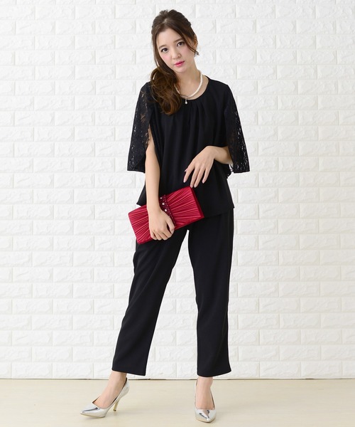 Lace Ladies パンツドレス 花柄レース袖シンプルセットアップ