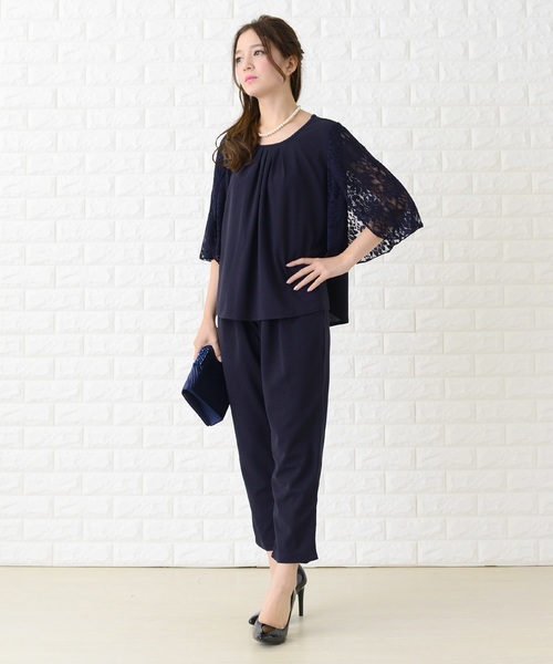 Lace Ladies パンツドレス 花柄レース袖シンプルセットアップ