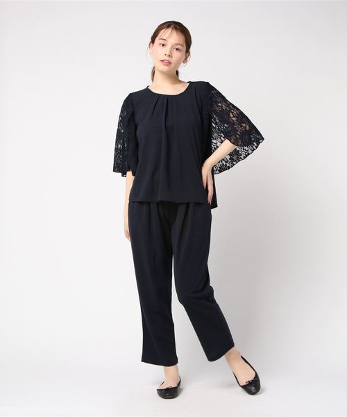 レースレディース Lace Ladies 花柄レース袖シンプルセットアップ・パンツドレス （Aネイビー） レースレディース Lace Ladies 花柄レース袖シンプル