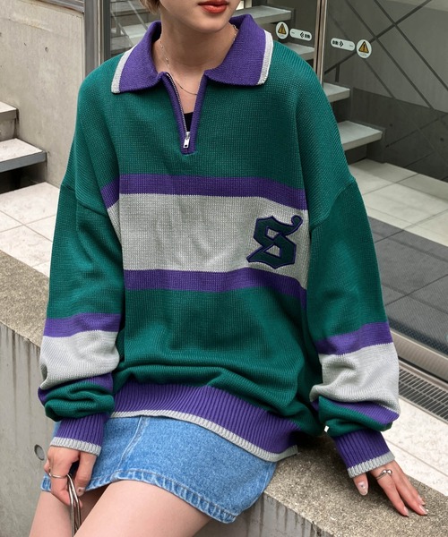 Snap club セーター ニット 「Snap club」ワッペン刺繍 襟付きハーフ 