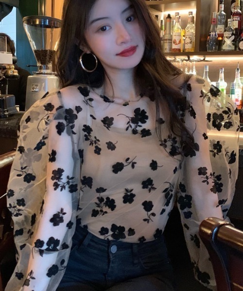 ブラウス シャツ フラワーラメシアートップス レディース LADY LIKE ブラウス シャツ ミニフラワー柄ショートシアー