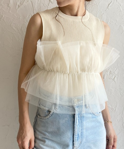 【サンキュ☆】ボリュームチュールショートベスト　ベージュ　グレー She's Closet ベスト ジレ 2WAYショート丈深Vネック花柄刺繍
