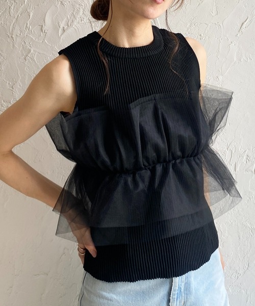 She's Closet ベスト ジレ シアーフリルチュールビスチェドッキング