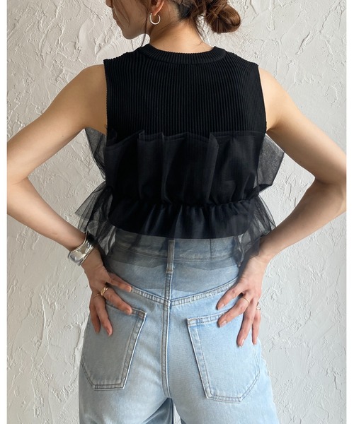 AD2014 15SS シフォンフリルベスト ビスチェ ノースリーブ 黒 She's Closet ベスト ジレ シアーフリルチュールビスチェドッキング
