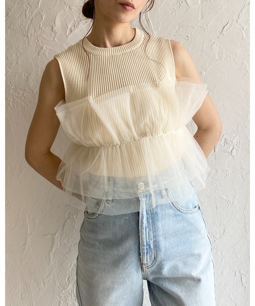 She's Closet ベスト ジレ シアーフリルチュールビスチェドッキング