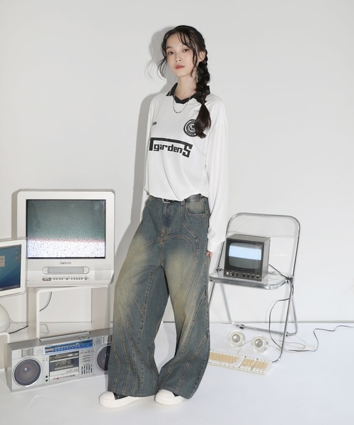 tシャツ オーバーサイズ襟配色ロゴプリントゲーム長袖Tシャツ