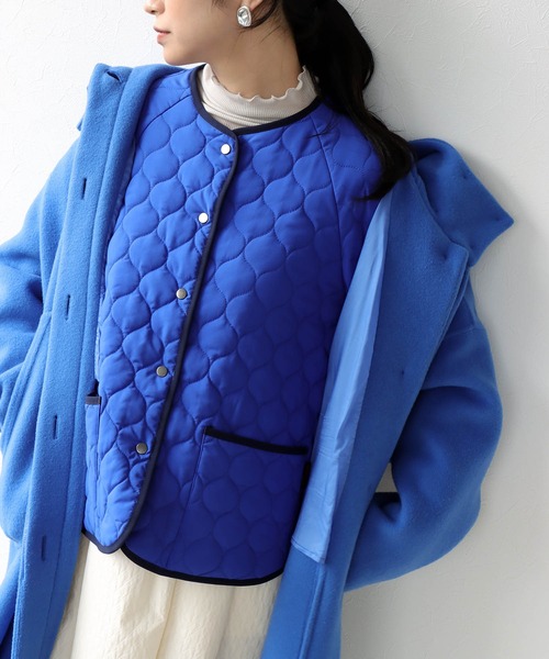 ネイビー グレー キルティングジャケット レディース Jines ジャケット ノーカラージャケット パイピングキルティング