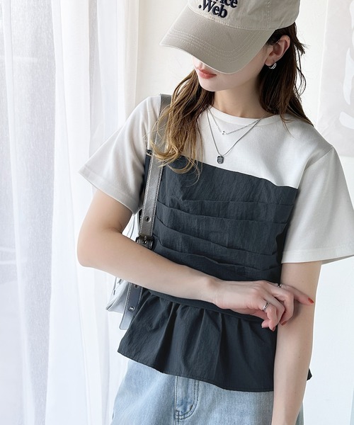 tシャツ ファンシードッキング半袖トップス レディース 楽天市場】刺繍レースドッキングカットソートップス レディース