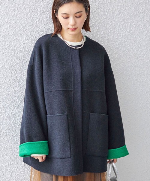 SHIPS（シップス） ノーカラーコート 36 ネイビー レディース