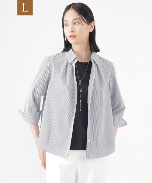 ブラウス シャツ 「L」「接触冷感」「UV対策」「ウォッシャブル」ファンクションタイプライターストライプシャツブラウス レディース
