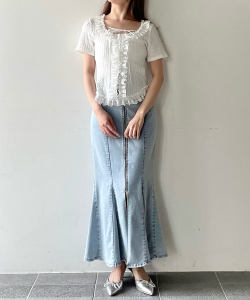 ネイビー レースフリル Tシャツ レース切替フラワー刺繍フリル袖Tシャツ(90~150cm)(90cm